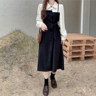 Mock Two-piece Midi Shirt Dress