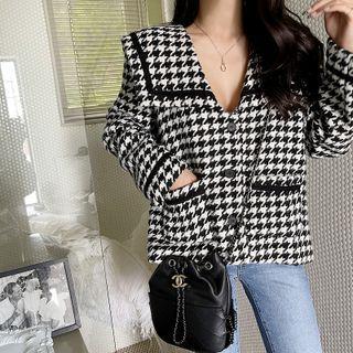 Sailor-collar Houndstooth Tweed Jacket Black - One Size