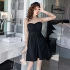 Set: Dotted Mesh Long-sleeve Top + Strapless A-line Dress
