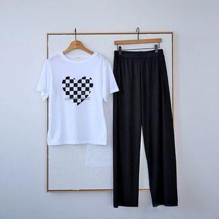 Set: Heart Print T-shirt + Band-waist Pants