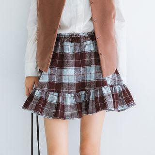 Plaid Ruffle Hem Flared Skirt