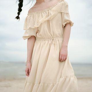 Short-sleeve Lace-trim Midi A-line Dress
