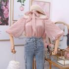 Off Shoulder Puff-sleeved Mesh Chiffon Top