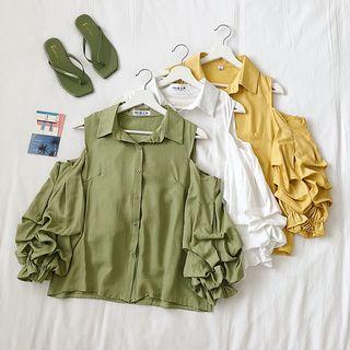 Cutout Shoulder Lantern-sleeve Top