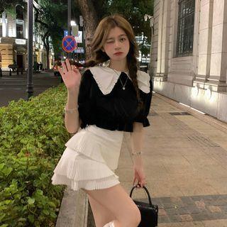 Short-sleeve Collared Top / Tiered A-line Skirt
