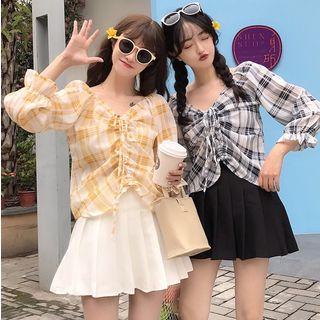 Bell-sleeve Plaid Top / Mini Pleated Skirt