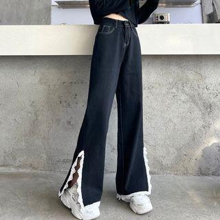 Lace Trim Slit Wide-leg Jeans