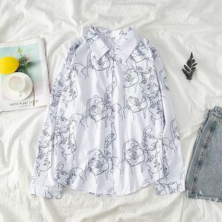 Long-sleeve Print Loose-fit Shirt White - One Size