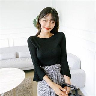 3/4-sleeve Ruffle-cuff Rib-knit Top