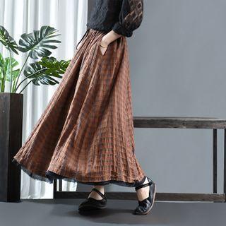 Plaid Maxi A-line Linen Skirt