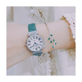 Set: Roman Numeral Strap Watch + Leaf Bangle