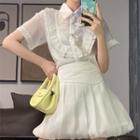 Short-sleeve Ruffle Trim Blouse / A-line Skirt