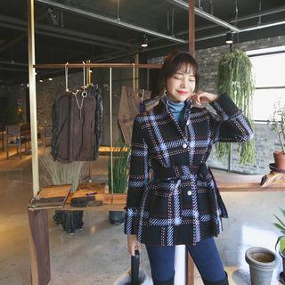 Stand-collar Tweed Jacket With Sash