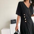 Button-accent Long Flare Dress