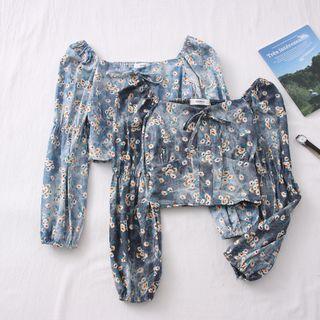 Ribbon-front Floral Denim Crop Top