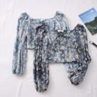 Ribbon-front Floral Denim Crop Top