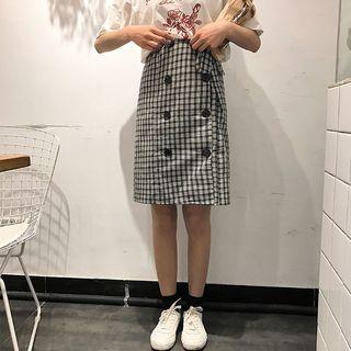 Double-breasted Plaid Pencil Skirt