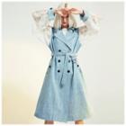 Double-breasted Lace Sleeve Denim Coat