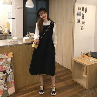 Ruffled Blouse / Drawstring Midi Pinafore Dress
