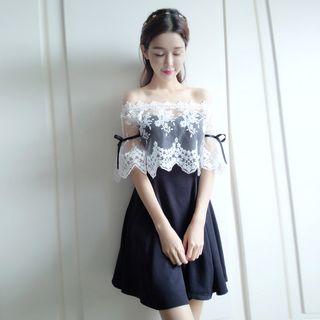 Set: Sweetheart Neckline A-line Dress + Lace Off-shoulder Top