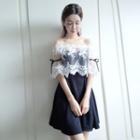 Set: Sweetheart Neckline A-line Dress + Lace Off-shoulder Top