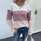 V-neck Long Sleeve Color Block Sweater