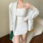 Plain Slim-fit Sleeveless Dress / Striped Loose-fit Blazer