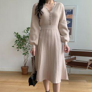Half-placket Pleated Knit Dress