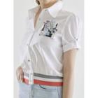 Tab-sleeve Contrast-trim Printed Blouse White - One Size