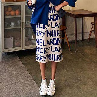 Lettering Midi Knit Skirt Blue - One Size