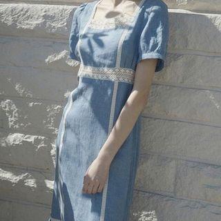 Square-neck Lace-trim Short-sleeve Dress Light Blue - One Size