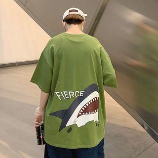 Elbow-sleeve Shark Printed T-shirt