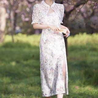 Set: Short-sleeve Floral Lace Bolero Jacket + Spaghetti Strap Floral Midi Dress