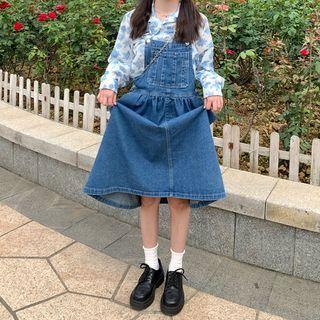 Rose Shirt / Denim Midi Overall Dress