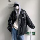 Mock Two-piece Faux Leather Zip Hooded Jacket