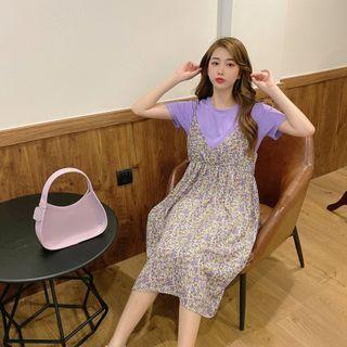 Set: Plain Short-sleeve T-shirt + Floral Spaghetti Strap Midi A-line Dress