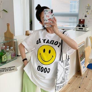 Smile-printed Slit-side Long T-shirt