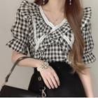 Puff-sleeve Lace Trim Gingham Blouse Black & White - One Size