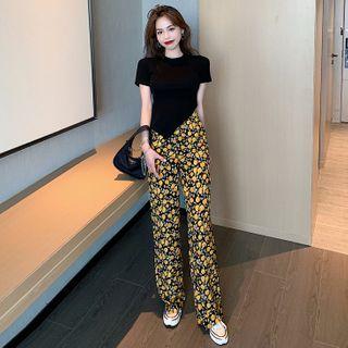Asymmetric Crop T-shirt / Floral Chiffon Wide Pants
