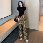 Asymmetric Crop T-shirt / Floral Chiffon Wide Pants