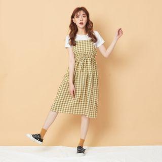 Set: Short-sleeve T-shirt + Plaid Midi Jumper Dress Yellow - One Size