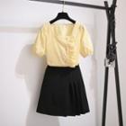 Square-neck Puff-sleeve Blouse / Pleated Mini A-line Skirt / Set