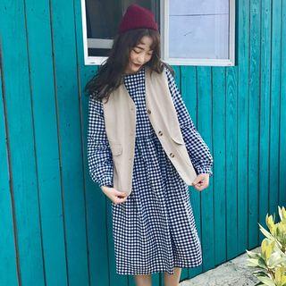 Gingham Long-sleeve A-line Dress / Buttoned Vest