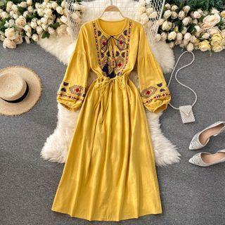 Embroidered Fringe Lace-up Strap Round-neck Puff-sleeve Dress