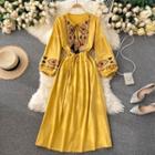 Embroidered Fringe Lace-up Strap Round-neck Puff-sleeve Dress