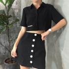Letter Embroidered Short Sleeve Shirt / Buttoned A-line Skirt