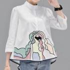 3/4-sleeve Embroidered Buttoned Top