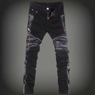 Faux Leather Panel Slim-fit Jeans