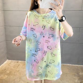 Heart Print Tie-dyed Elbow-sleeve T-shirt
