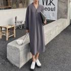 Long-sleeve Half Buttoned Midi Dress